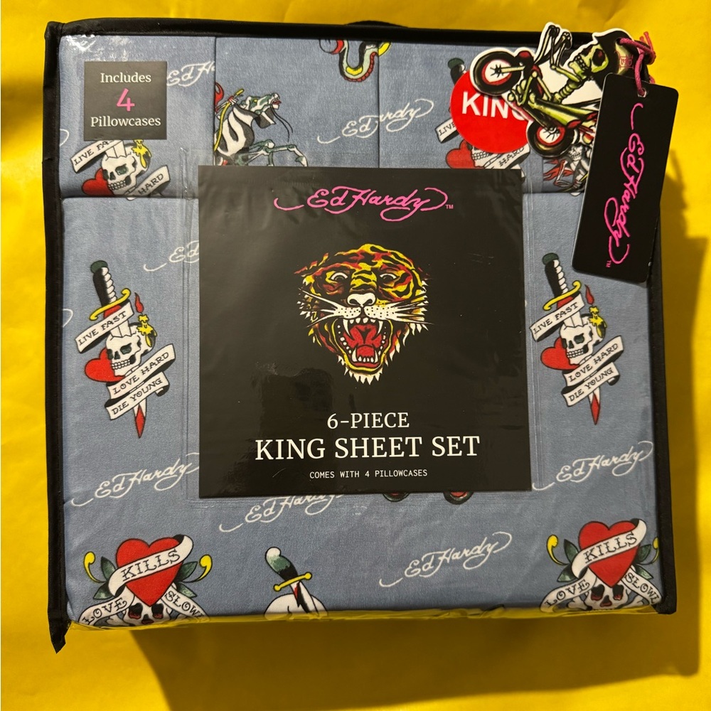 Ed Hardy Blue King Sheet Set with Tattoo Designs - Picture 1 of 10